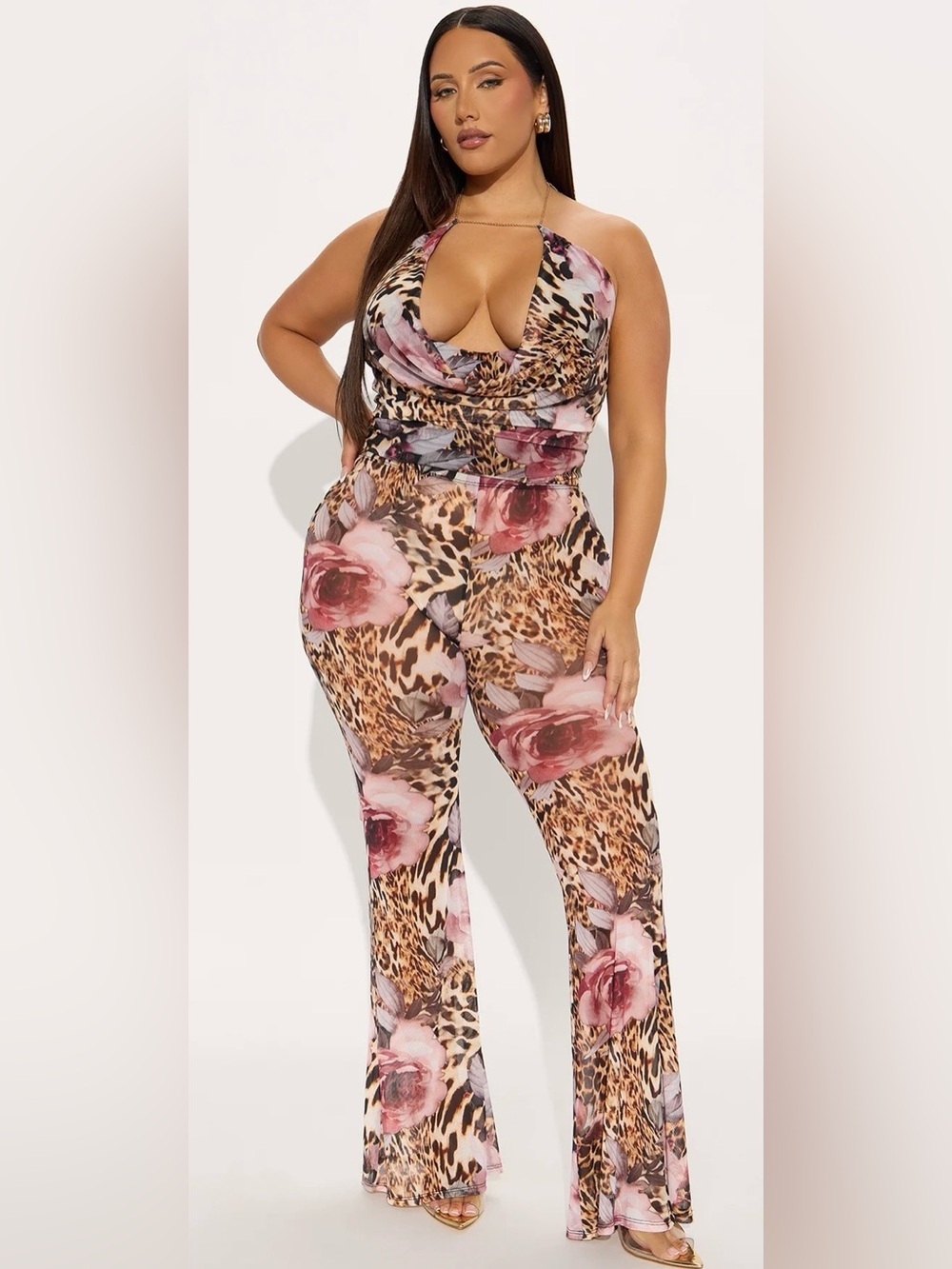 Chain Back Halter Floral Leopard Print and Pants 2PC Set in Pink